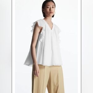 COS White V-Neck Ruffle Sleeve Top